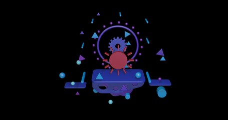 Poster - Red sun on a pedestal of abstract geometric shapes floating in the air. Abstract concept art with flying shapes in the center. 3d illustration on black background