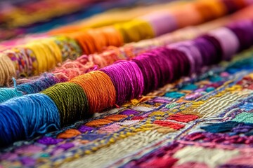 Poster - This image displays bright, colorful yarns meticulously woven together, creating a vibrant and textured piece of textile art that is visually captivating and intricate.