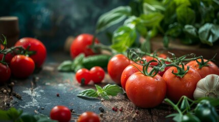 Canvas Print - Fresh tomatoes on vine with green leaves in close-up view