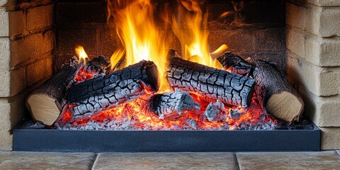 Canvas Print - Close up of a fireplace featuring beautifully burning logs of wood, creating a cozy ambiance. The fireplace with burning logs of wood enhances the warmth and charm of any setting.