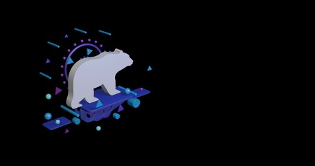Poster - White bear symbol on a pedestal of abstract geometric shapes floating in the air. Abstract concept art with flying shapes on the left. 3d illustration on black background