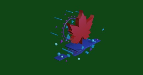 Aufkleber - Red maple leaf symbol on a pedestal of abstract geometric shapes floating in the air. Abstract concept art with flying shapes in the center. 3d illustration on green background