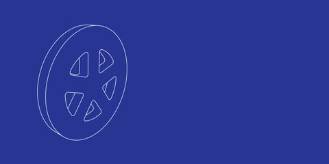 Poster - The outline of a large car wheel symbol made of white lines on the left. 3D view of the object in perspective. Vector illustration on indigo background