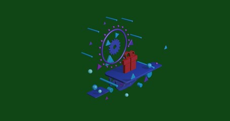 Poster - Red gift symbol on a pedestal of abstract geometric shapes floating in the air. Abstract concept art with flying shapes in the center. 3d illustration on green background
