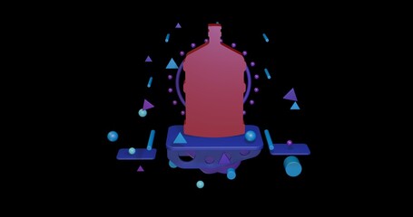Poster - Red a large bottle of water symbol on a pedestal of abstract geometric shapes floating in the air. Abstract concept art with flying shapes in the center. 3d illustration on black background