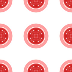 Poster - Seamless pattern of large isolated red checker game symbols. The elements are evenly spaced. Illustration on light red background