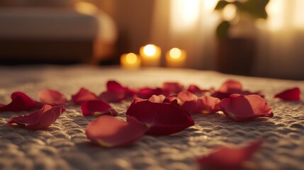 Poster - Rose petals in shades of pink lay gracefully on a plush bedspread. The warm light from candles creates a soothing atmosphere, perfect for a romantic evening. A touch of nature enhances the ambiance.