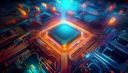 Poster - A vivid, abstract depiction of a futuristic microchip with vibrant colors and intricate circuitry, representing technology and innovation.