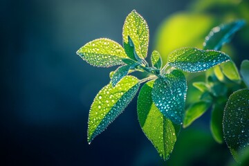 Poster - A stunning close-up of leaves covered in dew droplets, illuminated by morning light, showcasing natural beauty, purity, and a sense of freshness.