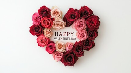 Fototapete - A beautiful heart-shaped arrangement of red, pink, and cream roses displays an affectionate message. The vibrant flowers are set against a simple white background, perfect for Valentine's Day.