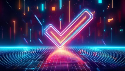 Poster - A vibrant neon checkmark against a digital backdrop, symbolizing approval and positivity in a futuristic design.