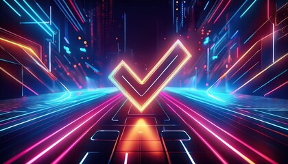 Poster - A glowing checkmark in a futuristic neon landscape, symbolizing approval or success, surrounded by vibrant lines of color.
