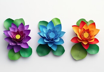 Wall Mural - 3D lotus flowers with leaves isolated on a white background, colorful water lilies in different colors for decoration and embellishment of products