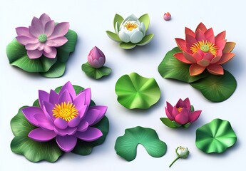 Wall Mural - 3D lotus flowers with leaves isolated on a white background, colorful water lilies in different colors for decoration and embellishment of products