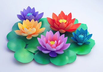 Wall Mural - 3D colorful lotus flowers with leaves isolated on a white background, water lilies for home decor or decorative garden decoration.