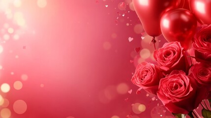 Poster - Bright red roses and balloons fill the scene, creating a festive atmosphere perfect for a romantic celebration. The background features soft, glowing lights and heart shapes, enhancing the mood.
