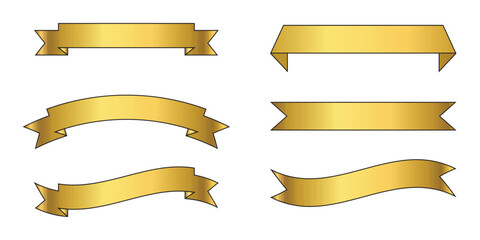 Fototapete - Set of six gold banners in various shapes and styles. Perfect for design projects, awards, or labels, these shiny gold ribbons offer a range of decorative options for certificates, logos, or branding.