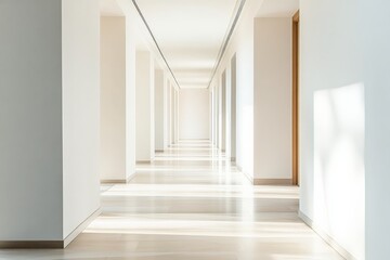 Leinwandbilder - A serene and modern minimalist architectural hallway bathed in abundant natural light, with clean lines and soft shadows creating a calming, peaceful atmosphere.
