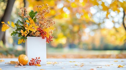 Canvas Print - Autumnal bouquet in white bag, outdoors.