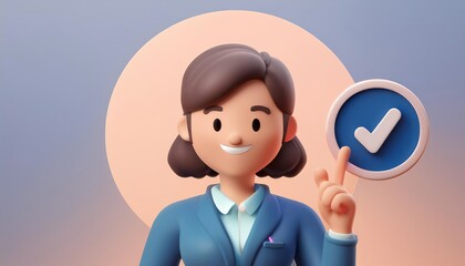 Poster - A 3D character in business attire smiling and pointing upward with a checkmark symbol, representing positivity and success.