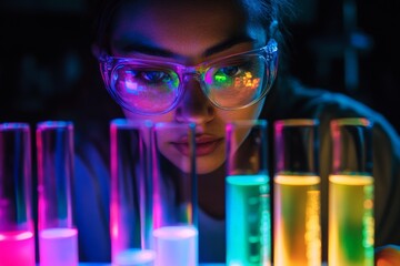 Leinwandbilder - A scientist with clear goggles intensely studies several multicolored glowing test tubes in a dimly lit laboratory, showcasing focus, innovation and modern science.