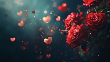 Fototapete - Vibrant red roses are surrounded by floating hearts in a soft, dreamy background. This enchanting display evokes feelings of love and affection, perfect for anniversaries or romantic occasions.