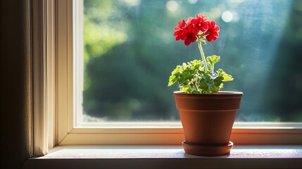 Aufkleber - A single red geranium in a terracotta pot on a sunny windowsill, close-up shot, Home gardening bliss style