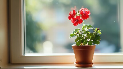 Aufkleber - A single red geranium in a terracotta pot on a sunny windowsill, close-up shot, Home gardening bliss style