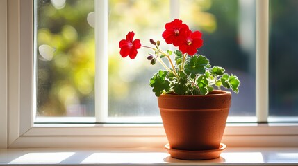 Aufkleber - A single red geranium in a terracotta pot on a sunny windowsill, close-up shot, Home gardening bliss style