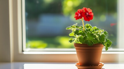 Aufkleber - A single red geranium in a terracotta pot on a sunny windowsill, close-up shot, Home gardening bliss style