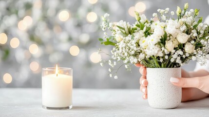 Wall Mural - Woman's hands holding white flowers near candle.