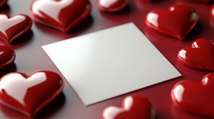 Fototapete - A collection of glossy red hearts encircles a blank square card placed on a rich maroon background.