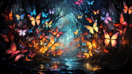 Canvas Print - colorful butterflies in dark forest.
