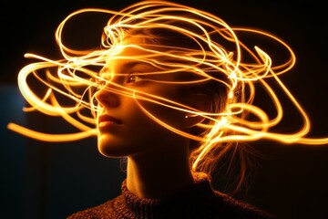 Aufkleber - A profile portrait of a woman enshrouded in intricate golden orange light trails, suggesting a fusion of intellect and imagination against a dimly lit background.