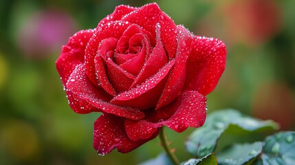 Aufkleber - A single red rose with dewdrops on its petals, close-up shot, Morning dew freshness style