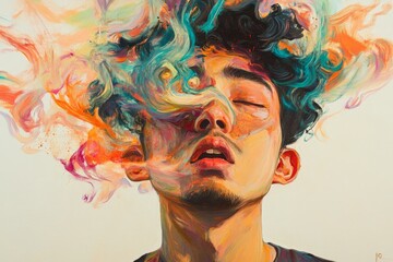 Aufkleber - Abstract artistic depiction of a person with smoke clouds in various vibrant colors, creating an expression of creativity, emotion, and modern artistic style.