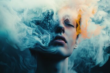 Poster - A beautiful artistic portrait of a person, enveloped in swirling vibrant colors of smoke, creating an ethereal, abstract and dynamic composition in a modern style.
