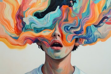 Poster - A whimsical portrait of a person surrounded by abstract swirling shapes in vibrant colors, showcasing a playful, imaginative, and modern artistic composition full of expression.