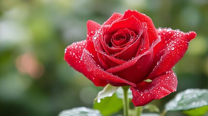 Aufkleber - A single red rose with dewdrops on its petals, close-up shot, Morning dew freshness style
