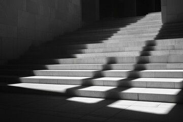 Poster - A staircase cast in deep shadows, showcasing geometric patterns and dramatic contrasts between light and dark, creating a sense of mystery and architectural beauty.