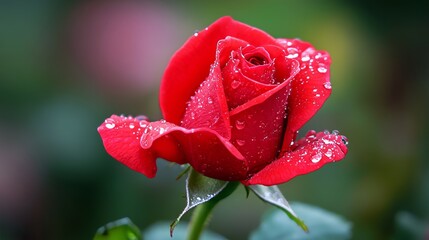 Aufkleber - A single red rose with raindrops on its petals, macro shot, Fresh morning dew style