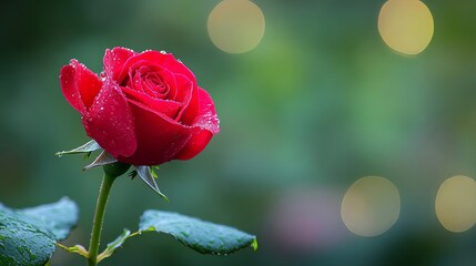 Aufkleber - A single red rose with raindrops on its petals, macro shot, Fresh morning dew style