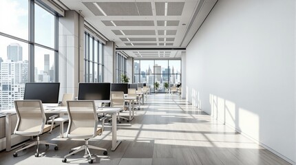 Aufkleber - Modern office with open workspace, large windows, and city view.