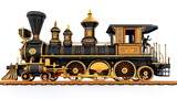 A vintage steam locomotive with ornate detailing and golden accents, symbolizing transportation history.