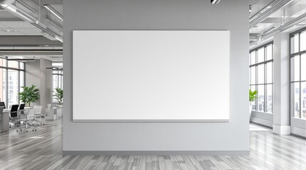 Poster - Blank whiteboard on modern office wall with large windows and plants.