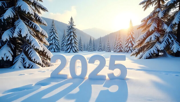 New Year 2025,  A snowy winter landscape with pine trees covered in snow, with the numbers 2025 written in the snow in the foreground,  2025 celebration template created with generative ai