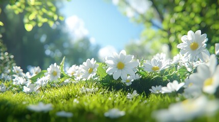 Sticker - Lush green grass with blooming white daisies under bright sunlight.