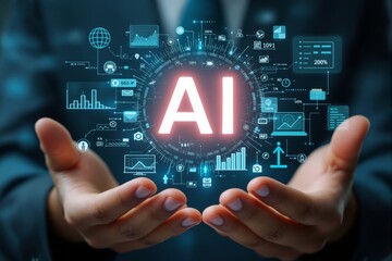 Aufkleber - Hands holding glowing AI concept with data graphics and symbols in modern style.