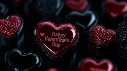 Aufkleber - A collection of heart-shaped chocolates in various textures and shades of red. One prominently features the message Happy Valentine's Day, perfect for expressing love on this special occasion.