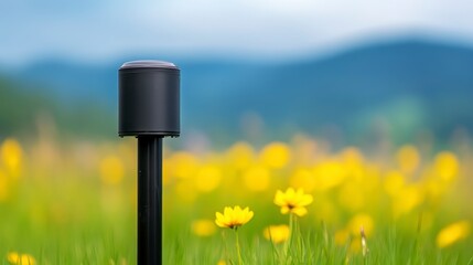 Poster - A sleek black device stands tall amidst vibrant yellow flowers, set against a blurred backdrop of lush green hills and a clear sky.